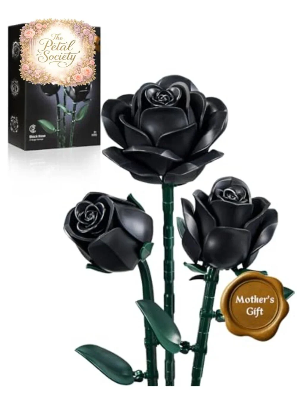 3PK Black Rose Building Set - Gothic Emo Vintage Artificial Flowers